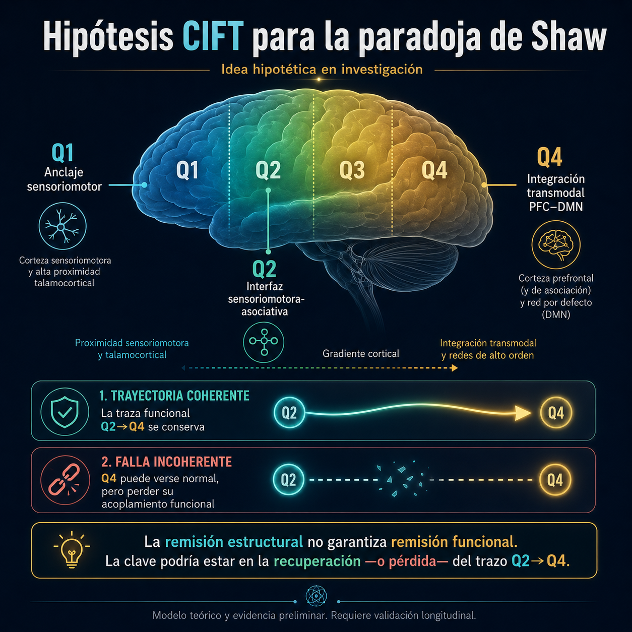 Hipótesis CIFT para la paradoja de Shaw — Q1 Q2 Q3 Q4 gradiente cortical, trayectoria coherente vs falla incoherente