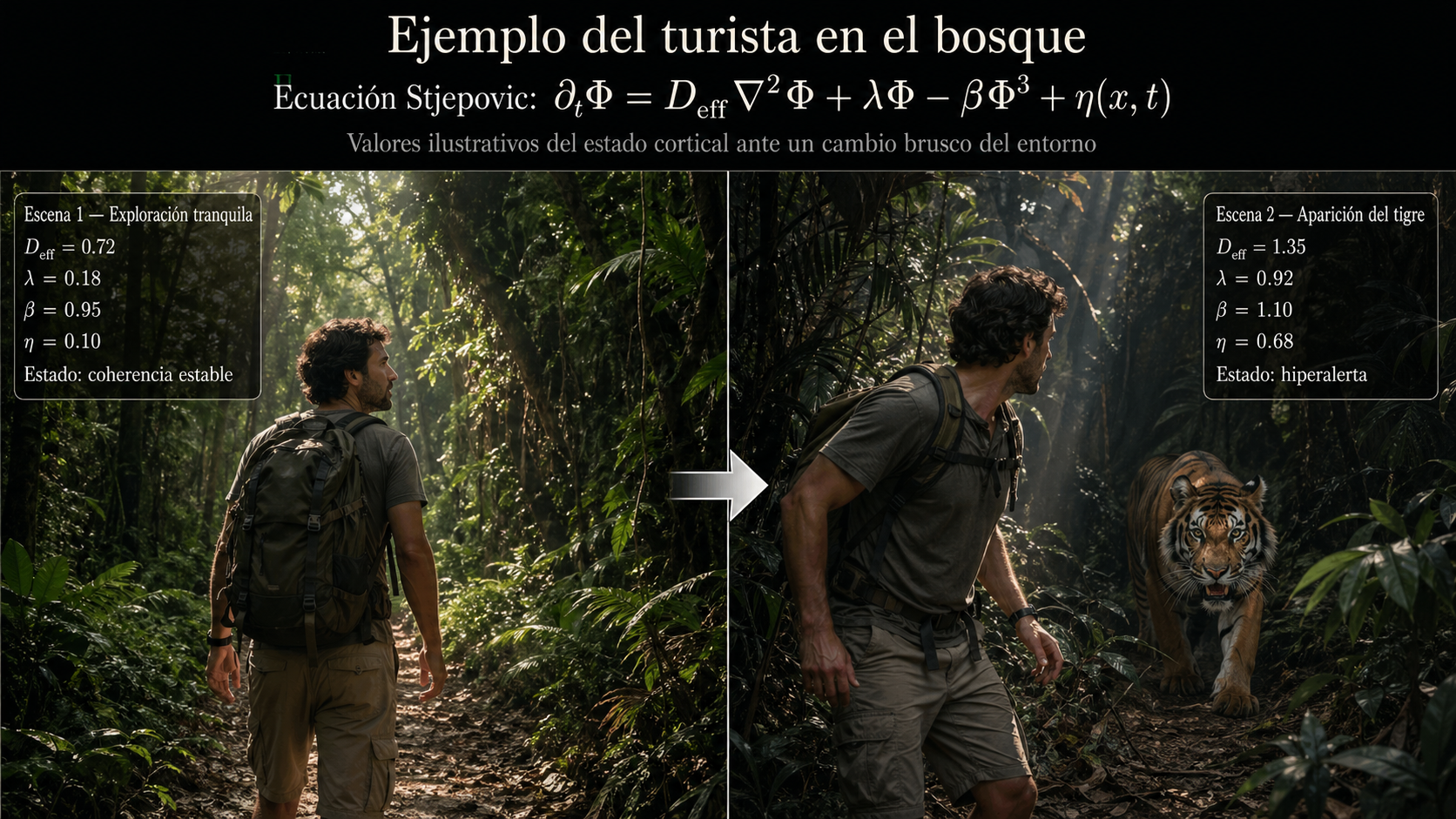 Ejemplo del turista en el bosque: cambio del estado cortical ante la aparición de un tigre según la Ecuación Stjepovic